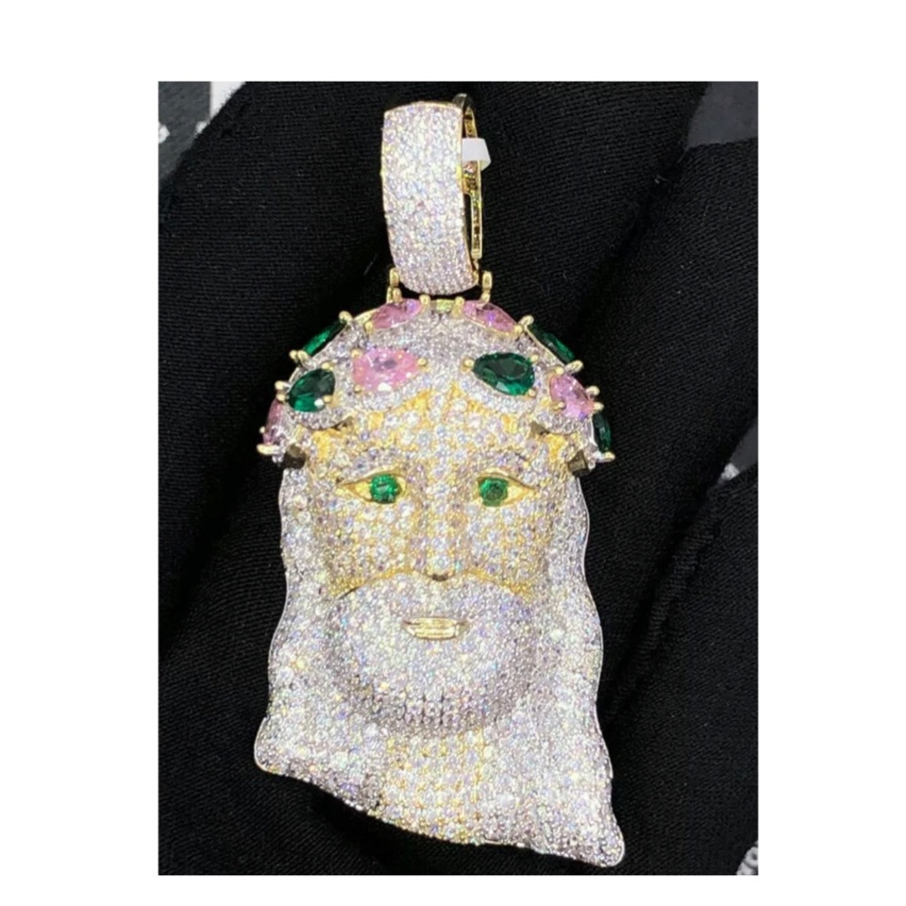 Jeweled Crown Jesus Piece VVS CZ Hip Hop Iced Out Pendant Bling Bling Charm